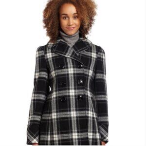 STEVE MADDEN Wool Double Breasted Notched Collar Plaid Peacoat